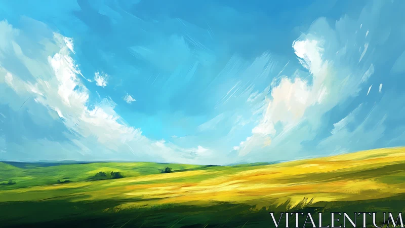 Sunlit grassland under sweeping blue sky brushstrokes.