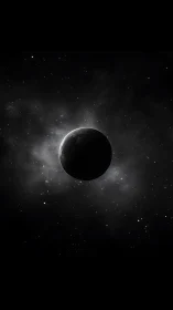 Luminous crescent planet adrift in monochrome starfield.