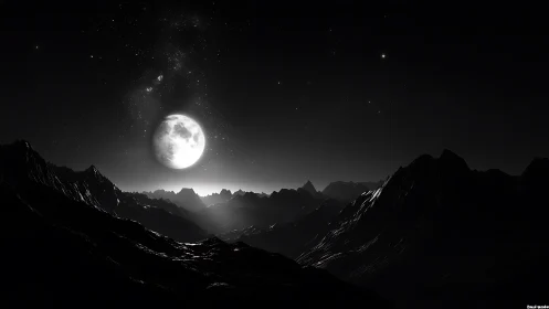 Moonlit alien mountain range under star-filled cosmic sky.