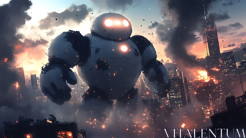 Colossal combat mech traversing incendiary megacity skyline.