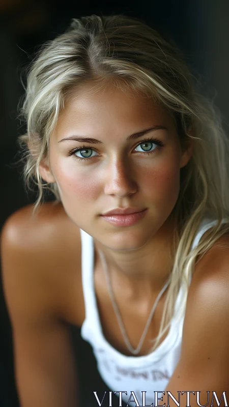 Young woman’s intense gaze captures quiet, luminous strength