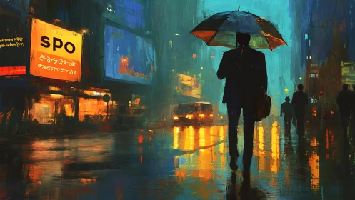 Silhouette holds umbrella on wet street amid illuminated traffic