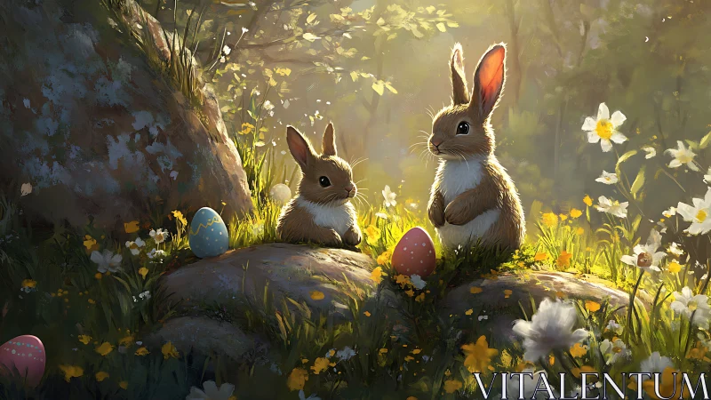 Illuminated woodland rabbits with decorative eggs in spring light.