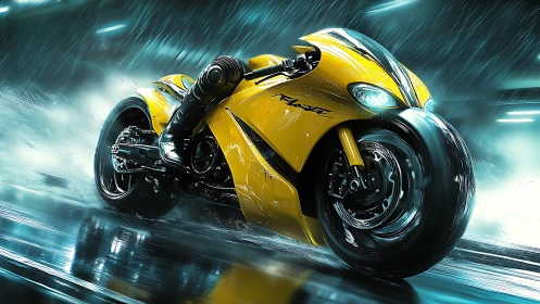 Yellow sport motorcycle is rendered on wet reflective roadway