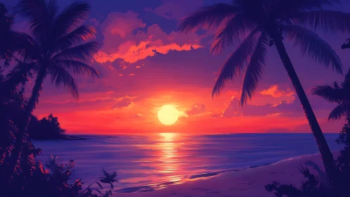 Coastal horizon with palm silhouettes at red orange sunset.