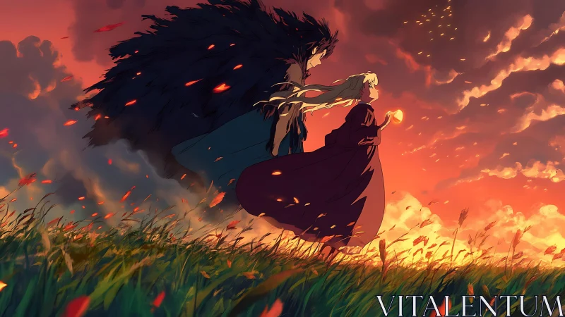 Two cloaked figures in windy field at orange sunset sky.