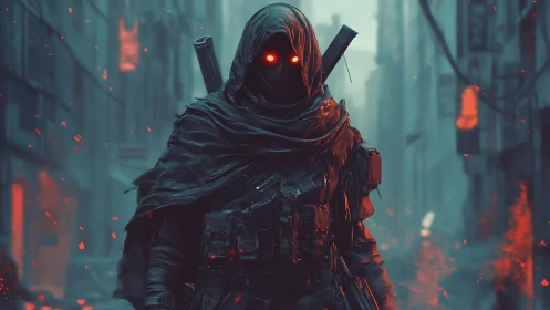 Cyberpunk hooded operative in ember-lit dystopian alleyway.