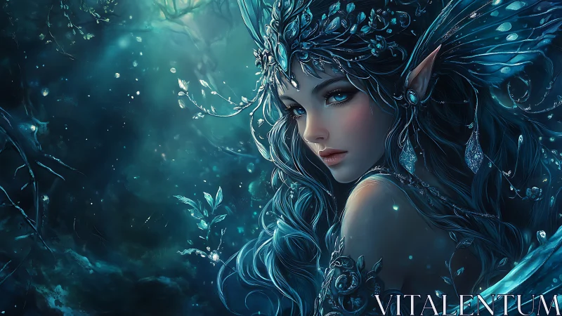 Enchanted moonlit elf princess shimmering in deep teal glow.