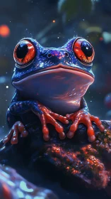 Stargazer frog glows in neon rainforest twilight dreamscape.
