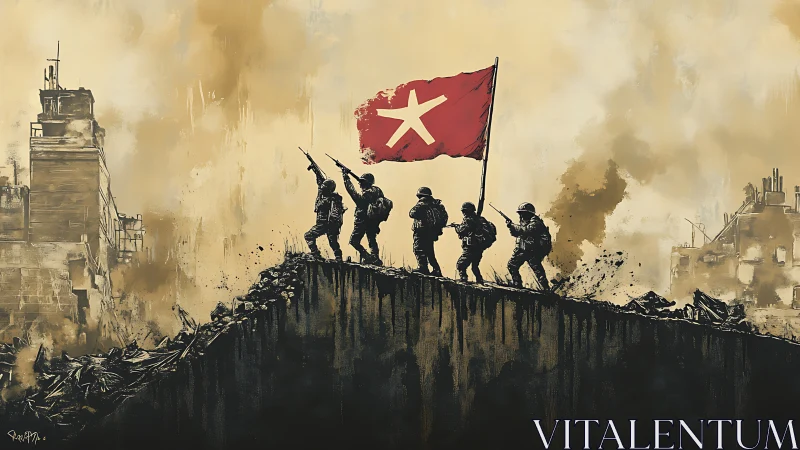 Soldiers advance through ruins as a stark victory flag rises
