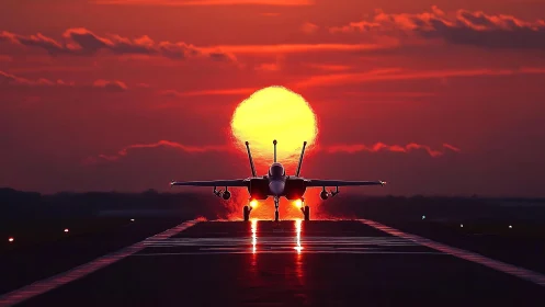 Carrier-capable jet silhouetted on runway against solar disc