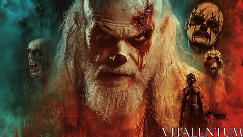 Sinister bloodstained clown patriarch amid spectral undead horde