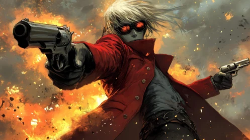 Gunslinger in crimson coat framed by explosive firestorm.