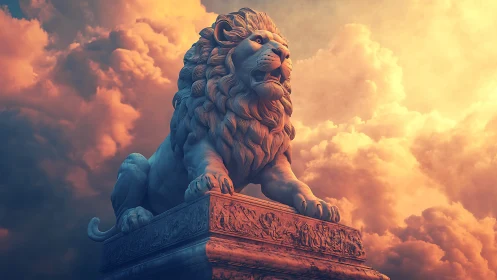 Stone lion statue on ornate plinth under clouded sky.