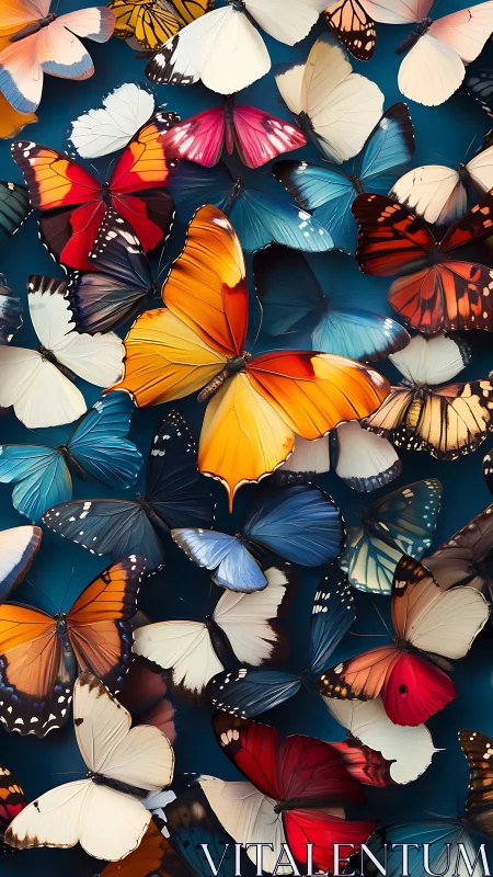Colorful digital butterflies on deep blue background.