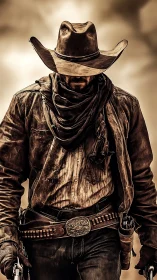 Weathered cowboy walks alone beneath a brooding desert sky