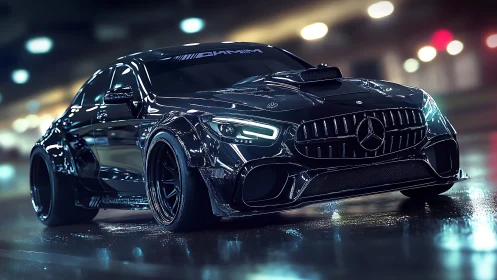 Sleek black Mercedes AMG glows under neon city lights.