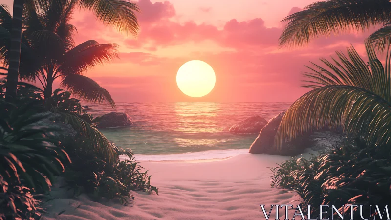 Gentle tropical sunset welcomes calm waves and soft sand