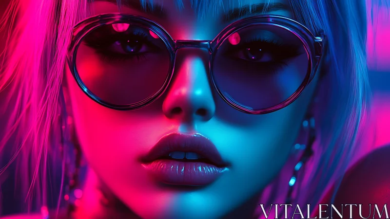 Neon siren in round shades, bathing in cyberpunk glow.