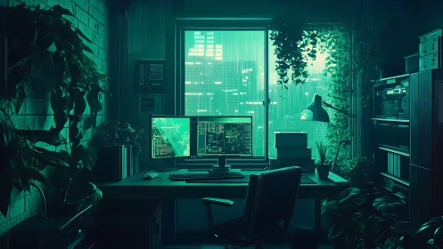 Neon city coder enjoys a calm night in a lush green workspace