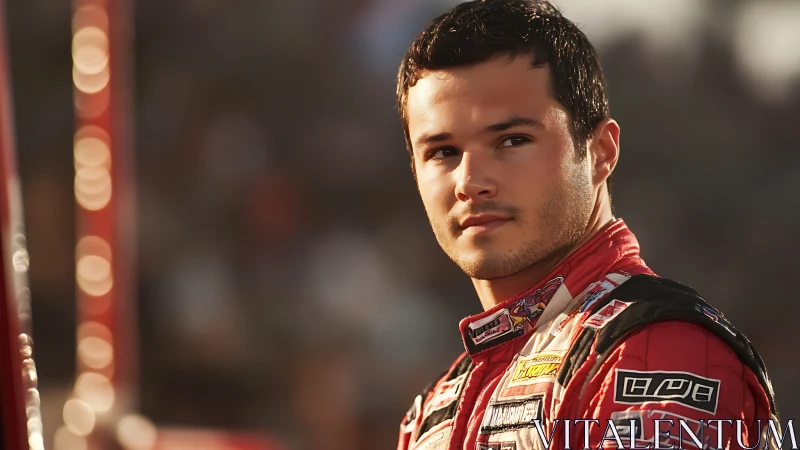 Young race driver in red suit under warm stadium light.