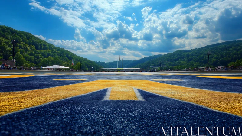 Low-angle artificial turf football field amid green hills