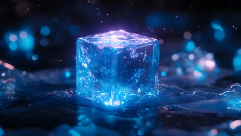 Glowing Ice Cube in Futuristic Neon Style with Abstract Lighting.