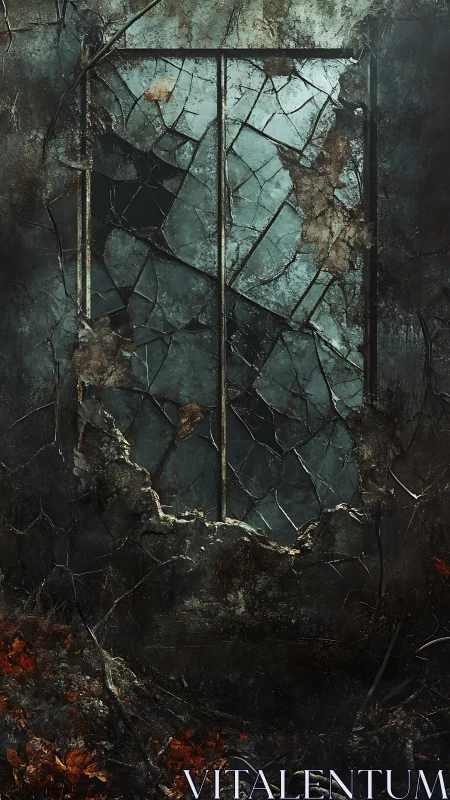 Decayed cracked window in abandoned stone wall ruin.