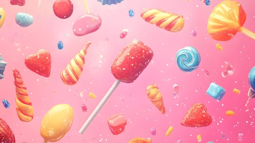 Colorful Assorted Candy Floating on Pink Background, Digital Art.