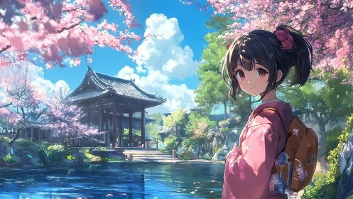 Anime spring portrait beside traditional lakeside temple garden.