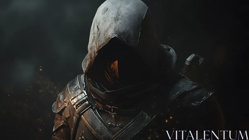 Hooded rogue in scorched armor amid drifting embers.