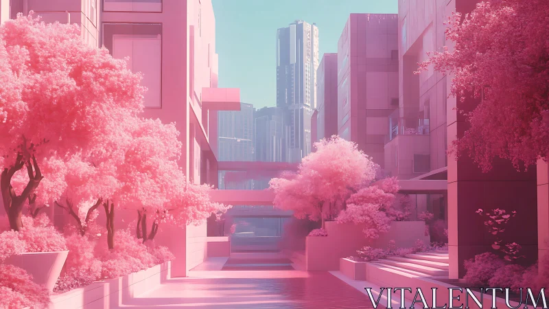 Pink monochromatic cityscape with flowering trees and modern architecture rendered digitally