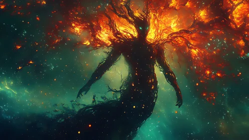 Stellar pyroclastic titan confronting solitary cosmic observer.