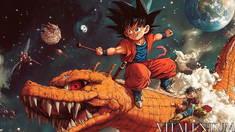 Young warriors ride orange dragon through deep space