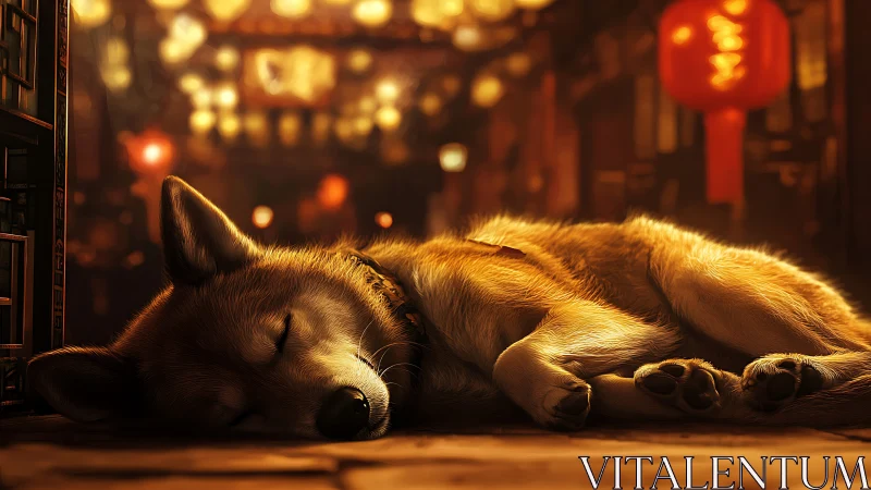 Photorealistic dog portrait in lantern-lit street ambience.