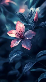 Luminescent Pink Flower with Dynamic Blue Foliage Study.