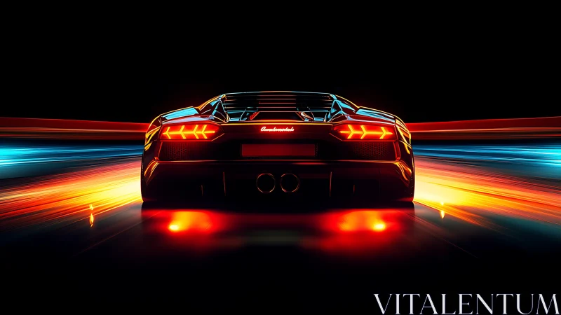 Neon-illuminated supercar accelerates through abstract light trails