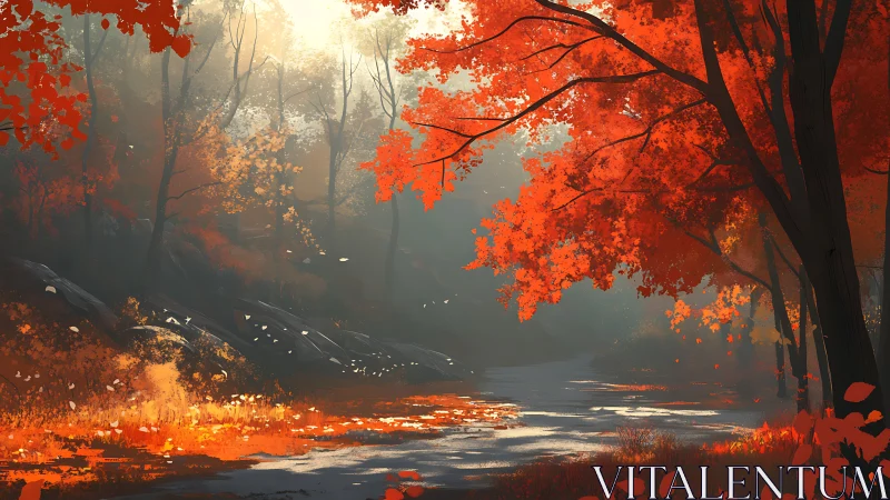 Autumn Forest Stream with Crimson Canopy Silhouettes and Diffused Atmospheric Lighting