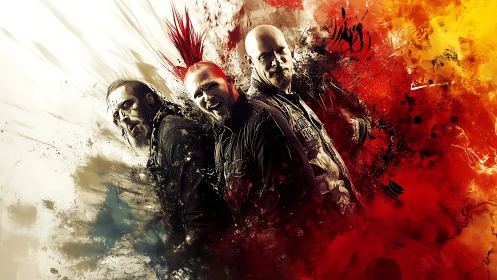 Rock band trio in abstract splatter composition artwork.