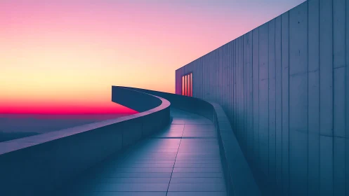 Curved minimal skywalk under neon gradient sunset glow.
