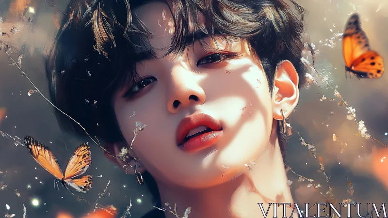 Close-up digital portrait of youth surrounded by butterflies
