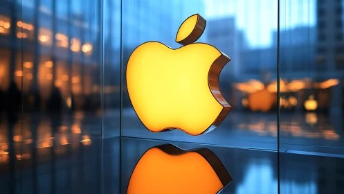 Golden tech emblem glows against sleek urban twilight glass.