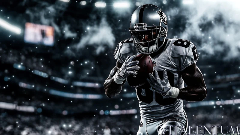 High-contrast football receiver sprinting in floodlit stadium night
