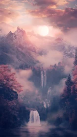 Dreamlit cascades beneath cotton-candy mountains at dusk.