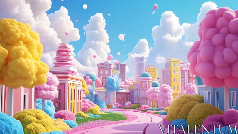 Pastel candy city street curves through fluffy tree gardens