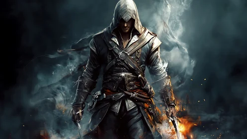 Hooded rogue strides from firelit fog with twin blades poised.