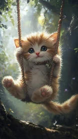 Kitten Suspended on Rope in Illuminated Forest Setting
