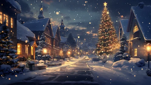 Digital painting of illuminated snowy Christmas village street.