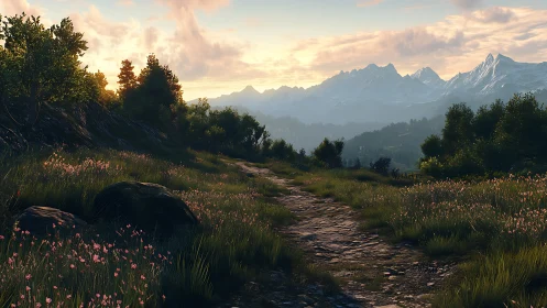 Stone path crosses grassy hillside toward distant mountains