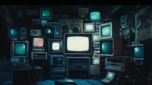 Stacked retro televisions in a dim cluttered room.